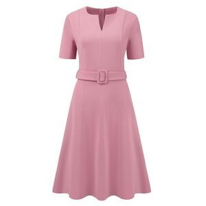 Women's A-Line Dress Short Sleeve Split Neck Belted Midi Dresses Rose Pink